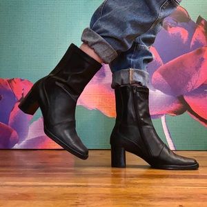 90s Square Toe Black Heeled Ankle Bootie